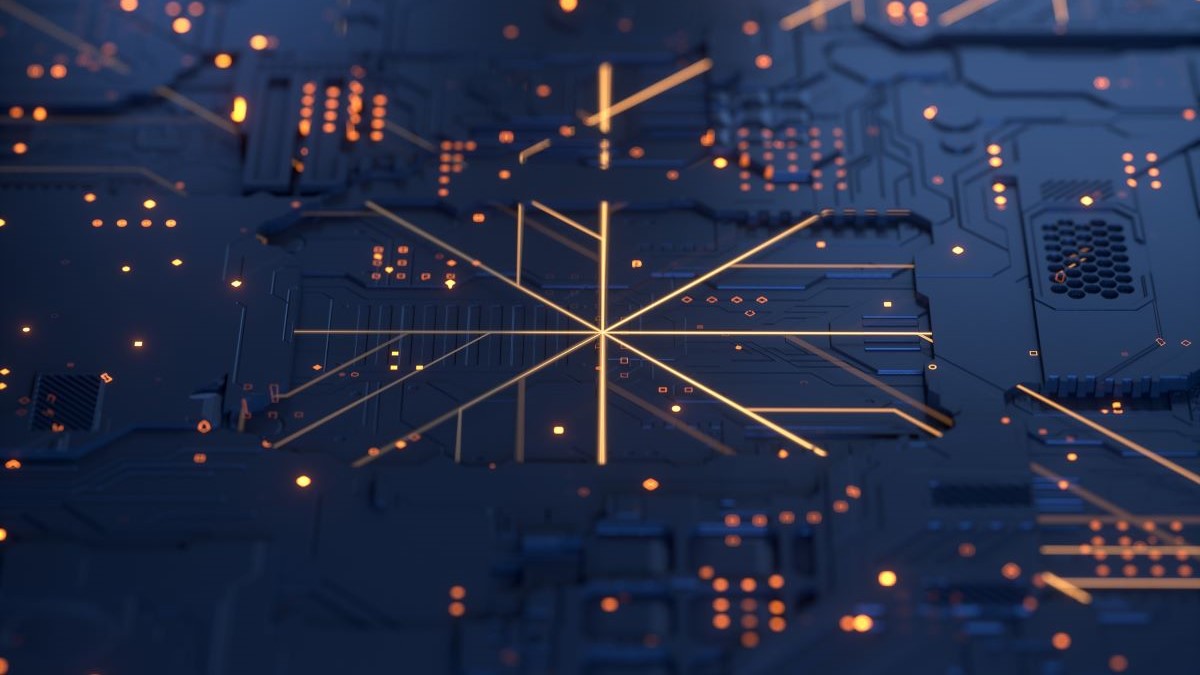 An electronic chip board lit up
